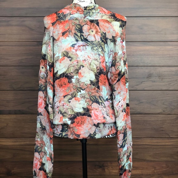 Faux-Wrap Silk Floral long Sleeve Blouse - Picture 2 of 3